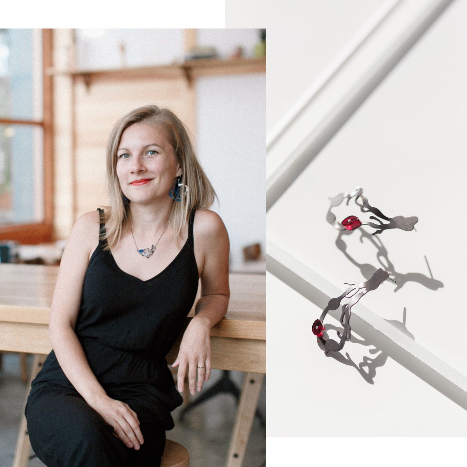 Denisa Piatti sitting in a coffee shop wearing the Seaweed Cluster Necklace in Silver and Ocean Blue, and the Seaweed Pendant Earrings in Silver and Ocean Blue. To the right is the Small Chandelier Seaweed Earrings in Silver and Velvet Red